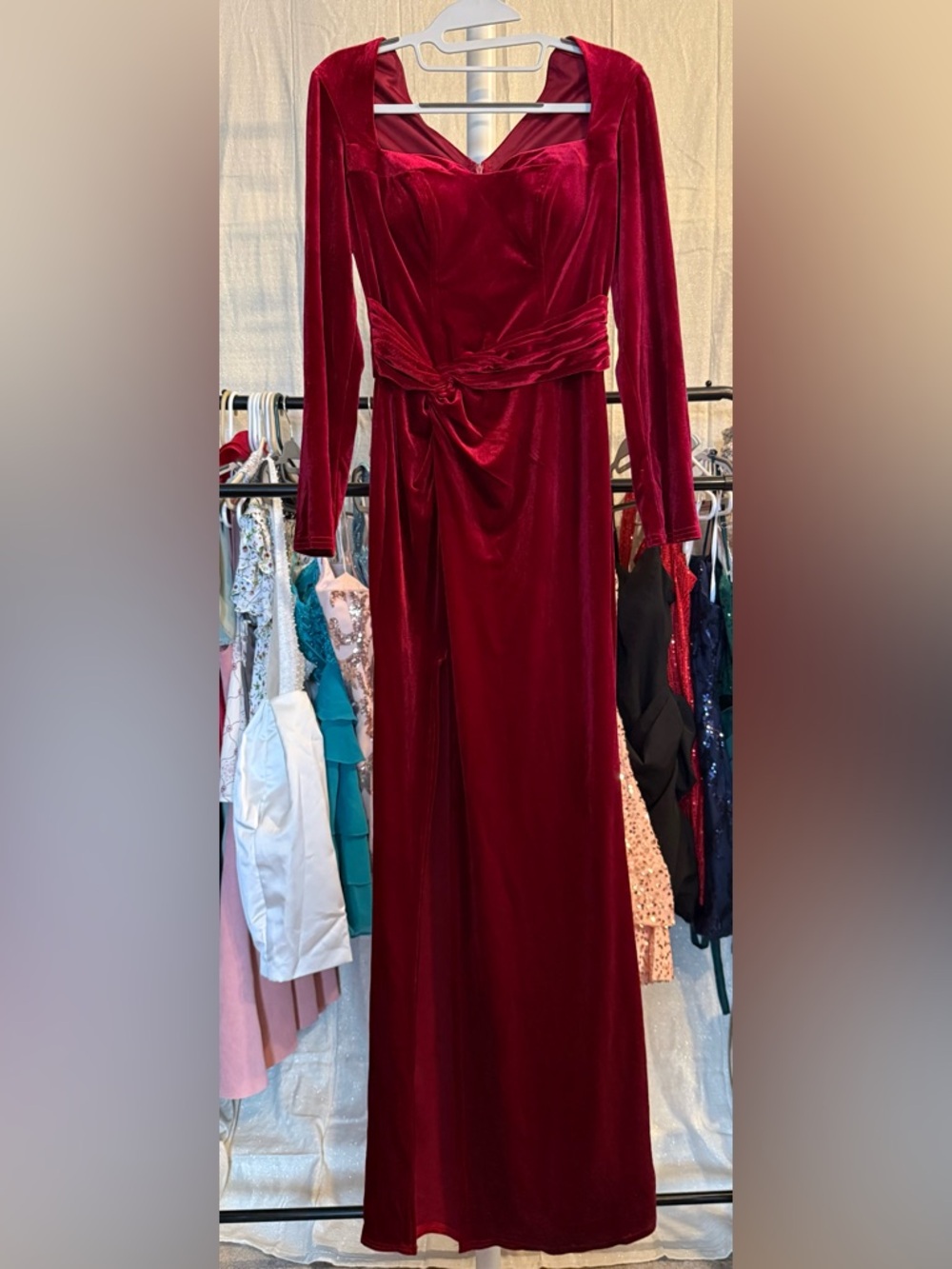 Red Velvet Long Sleeve Knot Detail Gown